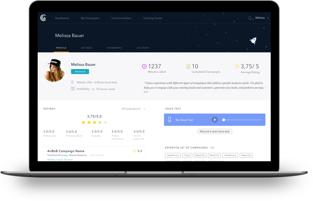 Caller profile contains ratings and information about completed campaigns